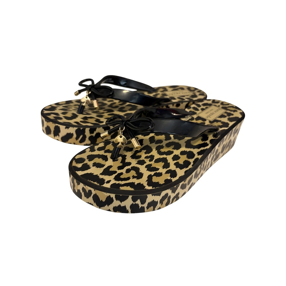 Kate Spade New York Leopard Print Platform Flip Flops Bow Wedge Sandals Size 6M